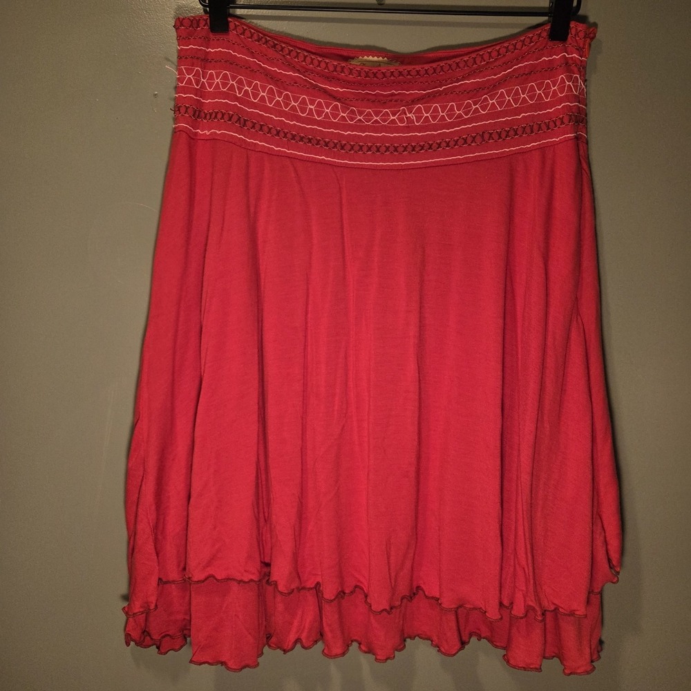Sweetees Knit Layered Skirt Embroidered Waist Boho Fairy, Women's Size‎ L, Red
